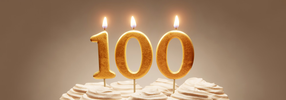Three candles representing 100 on cup cakes